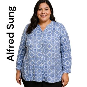 Alfred Sung Button Down Blue Ink Geometerical Blouse Plus Size XXL
